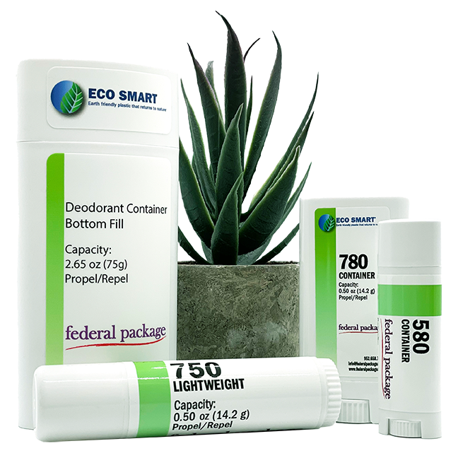 Eco Smart container products staged with an aloe plant